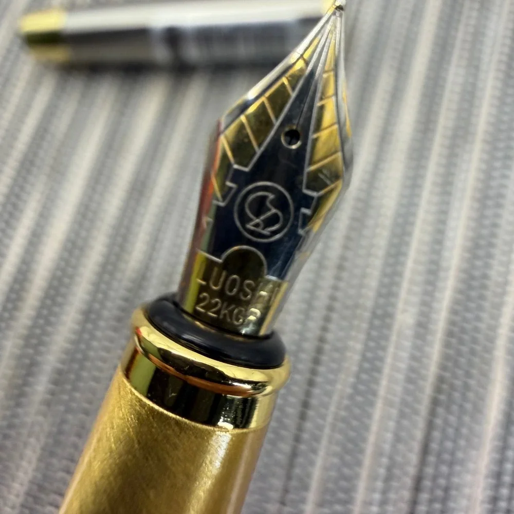 Luoshi 3070 Fountain Pen Brushed Stainless Steel Gold Trim 22KGP Medium Nib